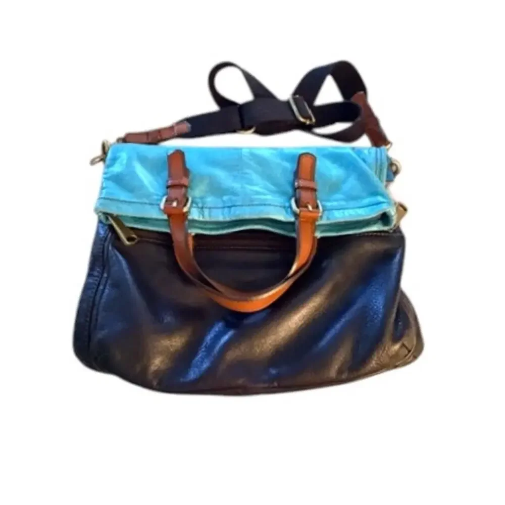 Fossil Leather Crossbody Tote Blue Brown Colorblock Convertible Bag 14